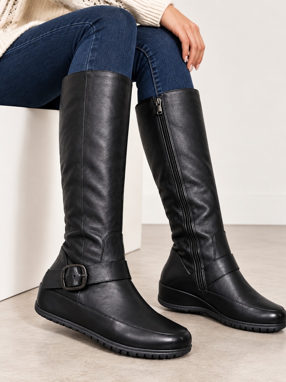 FitFlop Black Knee-High Buckle Riding Boots Size 37